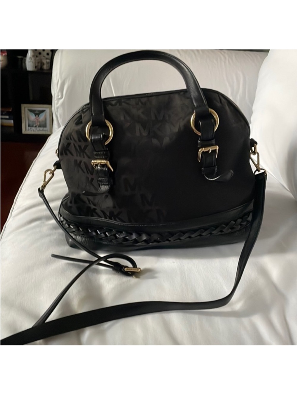 Michael Kors Black MK Logo Dome Satchel with Braided Trim